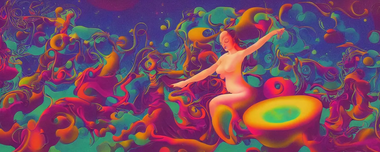 Image similar to musical goddess performing in Misono Universe, surrealist psychedelic collage painting in the style of Magritte, Roger Dean, Yoshio Awazu, 3d render, artstation trending, muted deep neon color