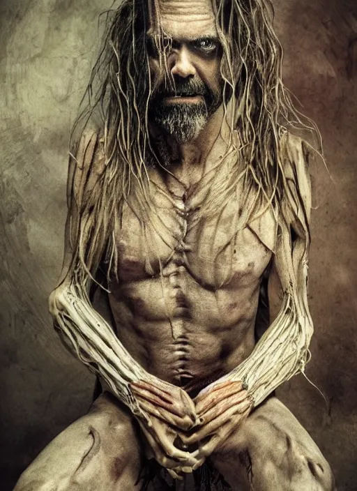 Image similar to portrait of rob zombie with translucent skin, visible muscles and veins and arteries and bones and spines and nerves, beautiful detailed intricate insanely detailed octane render, 8 k artistic photography, photorealistic, chiaroscuro, by david cronenberg, raphael, caravaggio