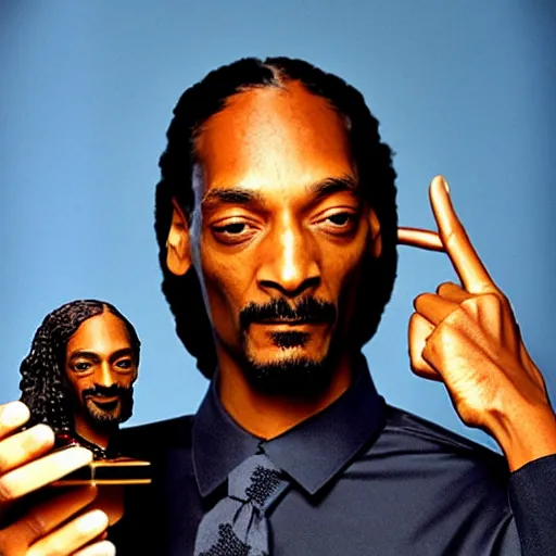 Prompt: Snoop Dogg holding a small statue of Snoop Dogg for a 1990s sitcom tv show, Studio Photograph, portrait, C 12.0