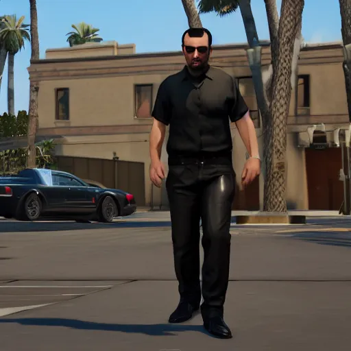 Image similar to a midage italian male, no beard, short black hair with gel, sharp teeth, overweight, fine white shirt, leather belt, black pants, leather shoes, smoking a cigar, full body, gta v style, concept art, highly detailed, hyper realistic, unreal engine