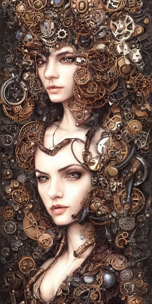 Prompt: a steampunk portrait of a woman, hyper realistic, intricate details, hyperrealism, style by artgerm