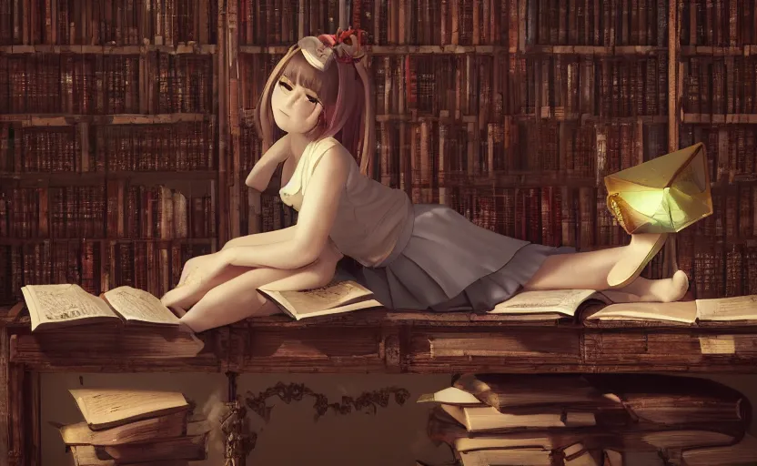 Prompt: magical and mystical, illustrious makinami, school girl leaning on a library, octane render, rembrandt, cgsociety, artstation trending, highly detailded