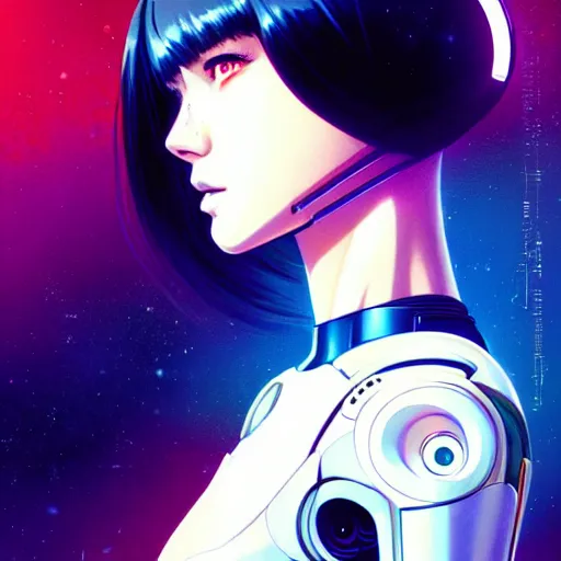 Image similar to side portrait scifi cyborg girl with robotic parts and spacesuit | | head only in center of image, audrey plaza, fine detail!! anime!! realistic shaded lighting!! poster by ilya kuvshinov katsuhiro otomo ghost - in - the - shell, magali villeneuve, artgerm, jeremy lipkin and michael garmash and rob rey