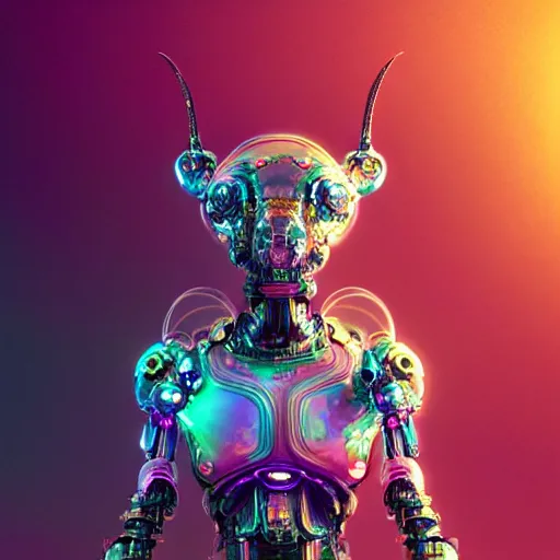 Prompt: iridescent opalescent android cyborg animal in candyland, warm tones, bioluminescent : by michal karcz, daniel merriam, victo ngai and guillermo del toro : ornate, dynamic, particulate, intricate, elegant, highly detailed, centered, artstation, smooth, sharp focus, octane render