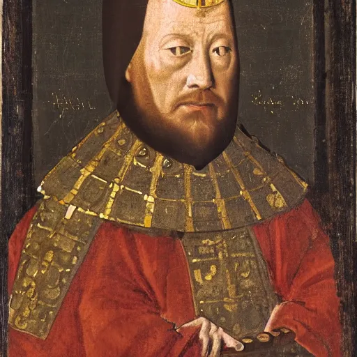 Prompt: portrait of a medieval king while he looking at the camera smiling dim-light