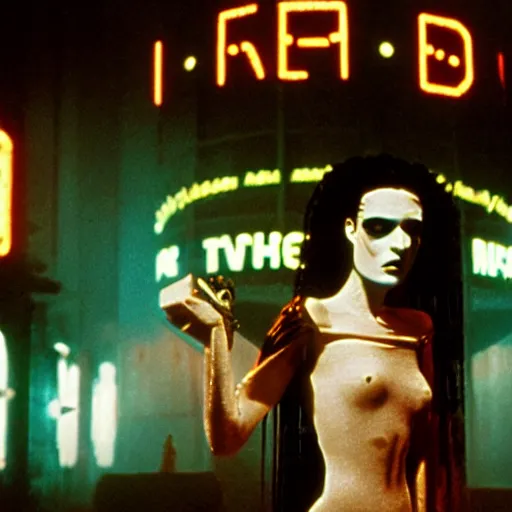 Image similar to cinematic portrait of bride of frankenstein as a replicant, still from the movie bladerunner, fashion photography, a neon sign is in the background