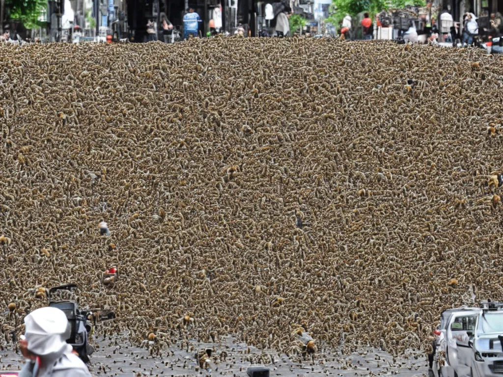 Image similar to swarm of bee's. infestation in the city. city dwellers run for their lives. terrorist attack.