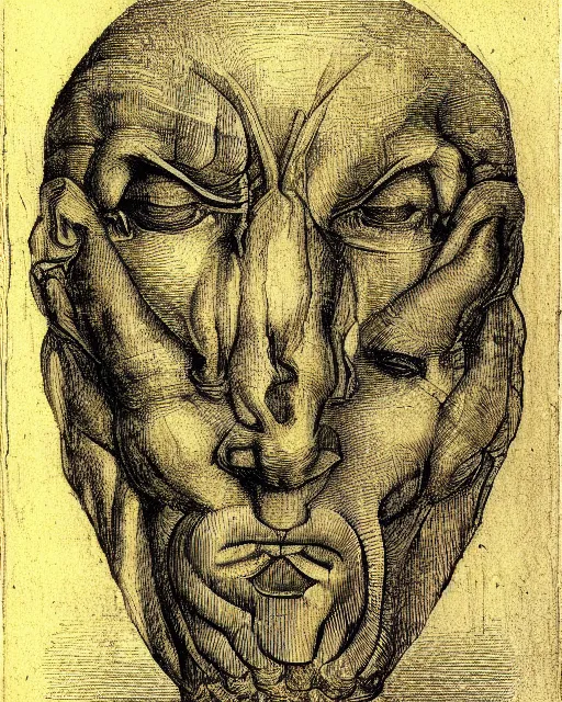 Image similar to head with three faces creature, drawn by da vinci