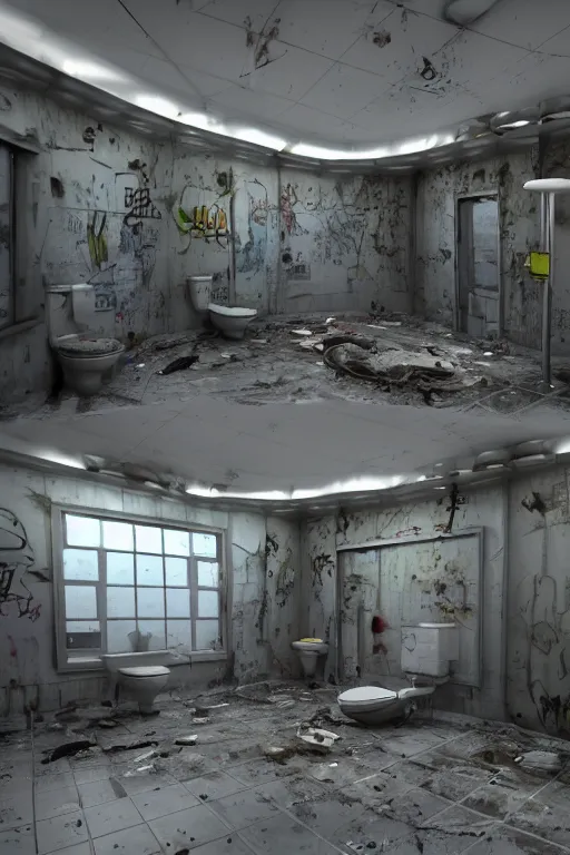 Image similar to interior of public restroom with multiple cabins, after a war battle, bullet holes, shells, graffiti on walls, broken tiles, broken lightbulbs toilets with scratches, roaches, mess, toilet paper everywhere, low camera angle, pixar disney 4 k 3 d render animation movie oscar winning trending on artststion and behance. oscar award winning.