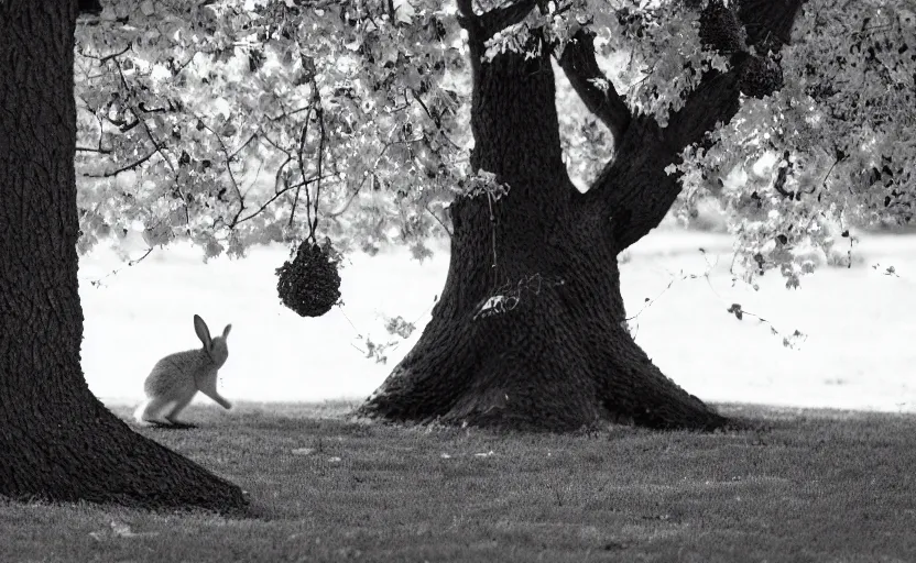 Prompt: Pentax K-1000, little rabbit hiding behind big black tree, analogue photo quality, blur, unfocus, monochrome, 35mm