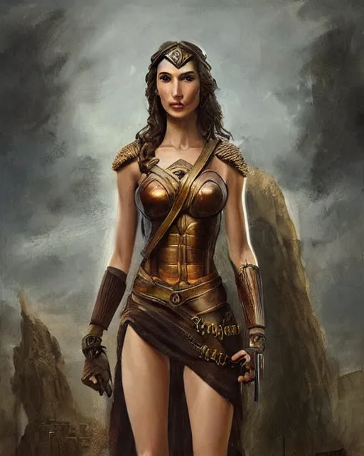 Prompt: highly detailed steampunk gal gadot standing, iron age : leonardo da vinci, greg rutkowski, magali villeneuve