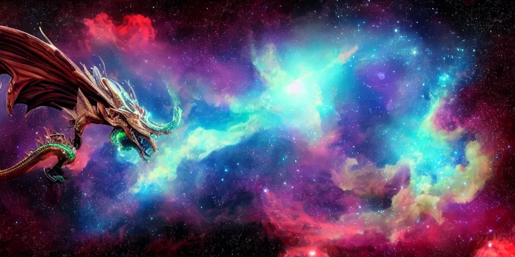 Image similar to an alien dragon flying in outer space, epic nebula