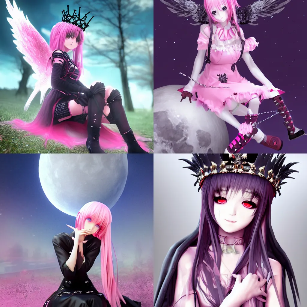 Prompt: 3D anime girl wearing a crown, gothic outfit, hand painted, realistic, UHD, pink wispy hair, angel, sitting on a moon, UE4, 4k, concept art, trending on artstation, code vein, moonlit night