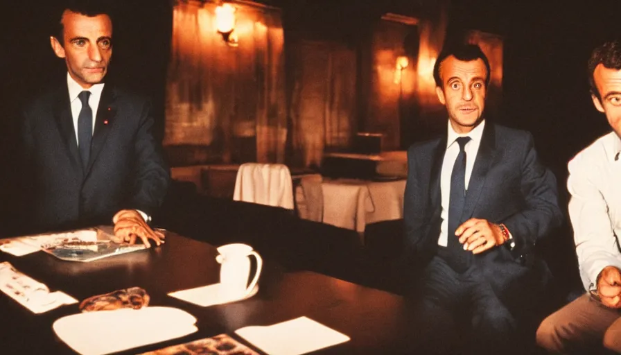Prompt: 70s movie still of Nicolas Sarkozy and Emmanuel Macron with highly detailed face , cinestill 800t 18mm heavy grain, cinematic, dramatic dark lighning, brooklyn at night neon boards