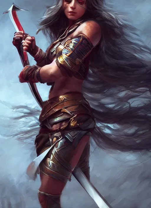 Image similar to hyper realistic photography, warrior girl with sword in her hand, full body, rule of thirds, human proportion, good anatomy, beautiful face, conceptart, saturated colors, cinematic, artstation, pinterest, cgsociety