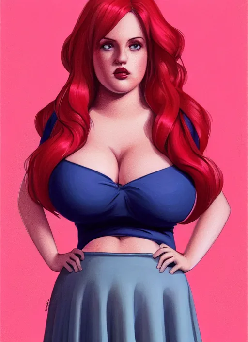 Image similar to full body portrait of teenage cheryl blossom, obese, bangs, sultry, realistic, red hair, sultry smirk, wavy hair, pink skirt, fat, belly, intricate, elegant, glowing lights, highly detailed, digital painting, artstation, concept art, smooth, sharp focus, illustration, art by wlop, mars ravelo and greg rutkowski