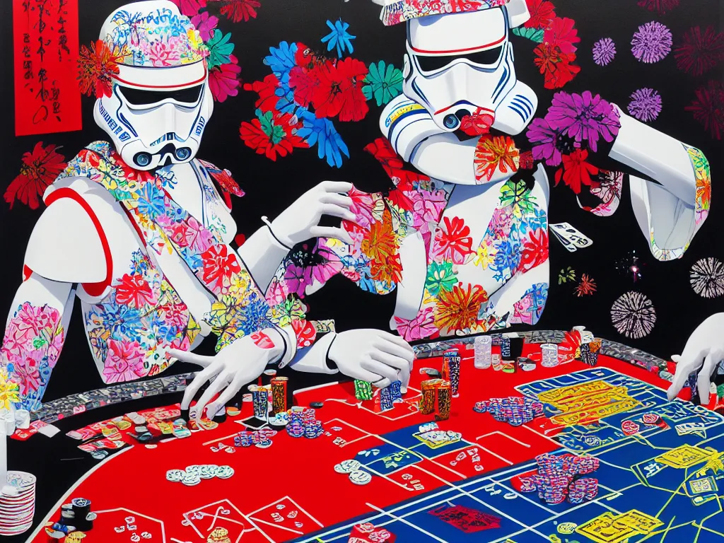 Image similar to hyperrealism composition of the detailed single woman in a japanese kimono sitting at an extremely detailed poker table with stormtrooper, fireworks, river on the background, pop - art style, jacky tsai style, andy warhol style, acrylic on canvas