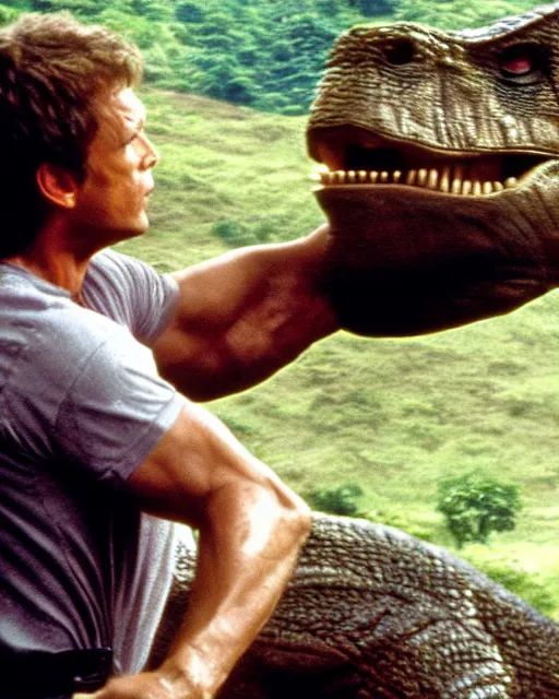 Prompt: Film still close-up shot of Dwayne Johnson petting a dinosaur in the movie Jurassic Park. Photographic, photography