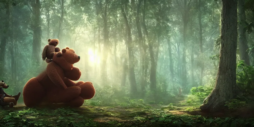 Image similar to a giant ant is riding a giant teddy bear in a forest, moody, cinematic light, fantasy art, highly detailed, 8k