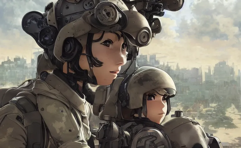 Image similar to front view of mechanized soldier girl, anime style, urban in background, soldier clothing, combat helmet, short hair, hair down, symmetrical facial features, from arknights, hyper realistic, 4 k, rule of thirds, extreme detail, detailed drawing, trending artstation, hd, d & d, realistic lighting, by alphonse mucha, greg rutkowski
