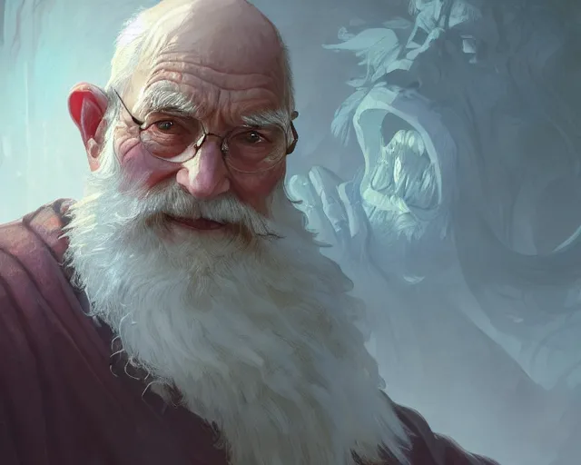 Image similar to old man wearing a ring on each finger, deep focus, d & d, fantasy, intricate, elegant, highly detailed, digital painting, artstation, concept art, matte, sharp focus, illustration, hearthstone, art by artgerm and greg rutkowski and alphonse mucha