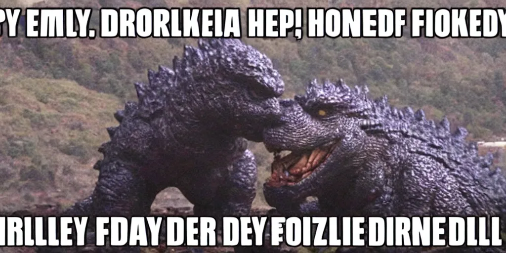 Image similar to godzilla eating donuts, happy friday everyone, funny, happy, silly, funny