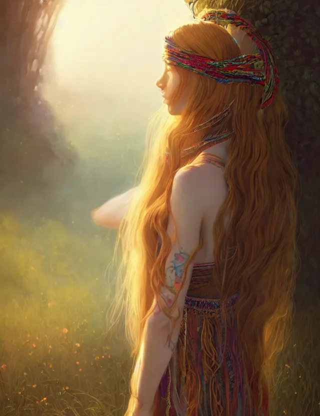 Prompt: a young woman wearing a boho dress at woodstock, hippie girl, long blonde hair, groovy hairband, bangs, intricate, smooth, groovy lighting, highly detailed, digital painting, artstation, concept art, smooth, sharp focus, illustration, art by wlop, mars ravelo and greg rutkowski