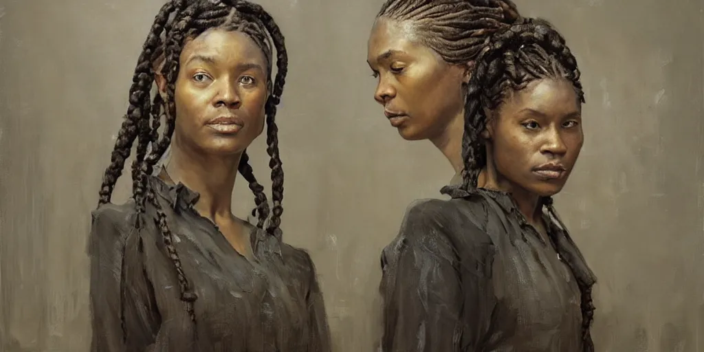 Prompt: a portrait of a beautiful!!! woman with braids by Andrew Wyeth, Ben Enwonwu, Tim Okamura, and Norman Rockwell, she is standing in a a large room with many windows and columns, a detailed matte painting by Noah Bradley, cgsociety, fantasy art, matte painting, concept art, solarpunk, optimistic future