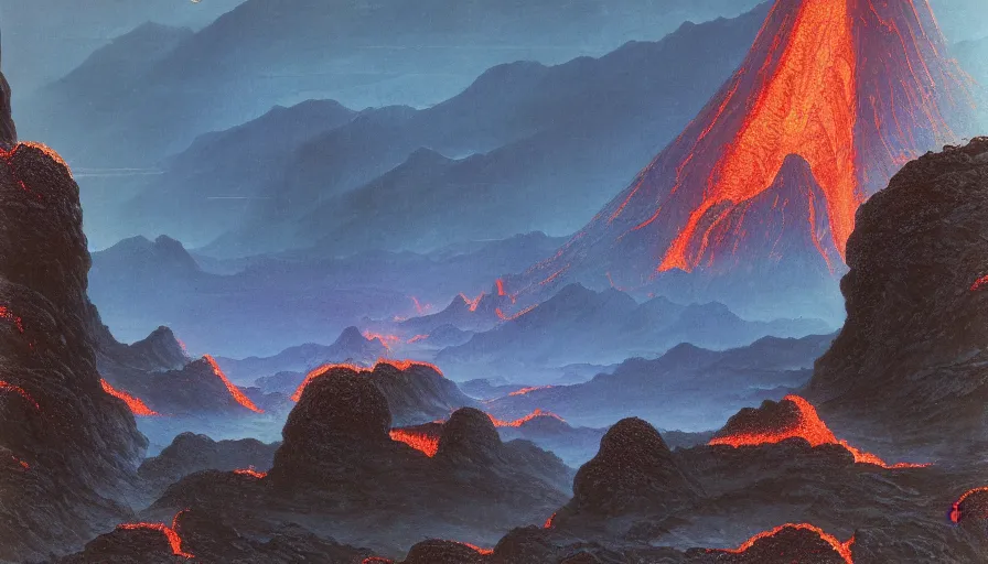 Prompt: massive sharp peaks of dark stone!, molten rivers of lava flowing through valleys of sharp volcanic stone, 4 k cinematic panoramic view, by bruce pennington, ted naysmith, dan mcpharlin