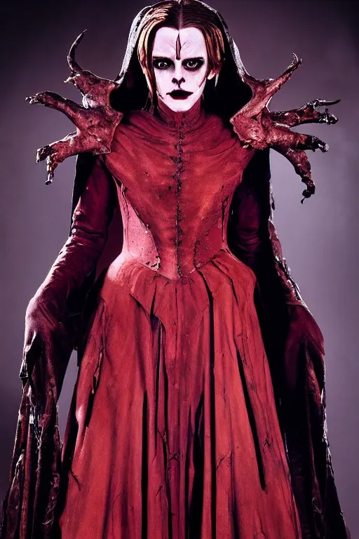 Image similar to dressed emma watson, a sinister demonic queen of cenobites, symmetrical, cinematic, elegant, demonic atmosphere, professional studio light, real dlsr photography, sharp focus, costume made by clive barker, real rotten flesh, blood and bones, 4 k, ultra hd, sense of awe