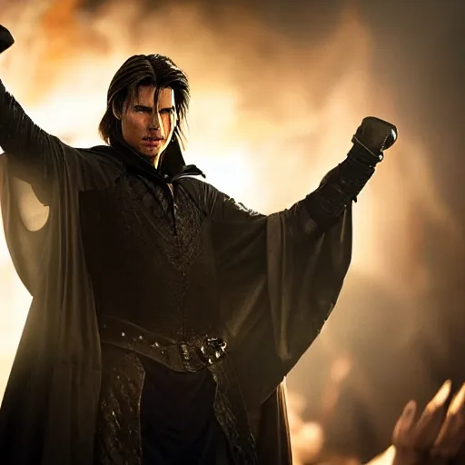 Prompt: medieval fantasy half length portrait photo of tom cruise as a d & d demonic warlock using evil magic, fists raised, photo by philip - daniel ducasse and yasuhiro wakabayashi and jody rogac and roger deakins