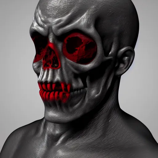 Image similar to Portrait of red skull with black tar dripping from eye sockets 3D render ray traced