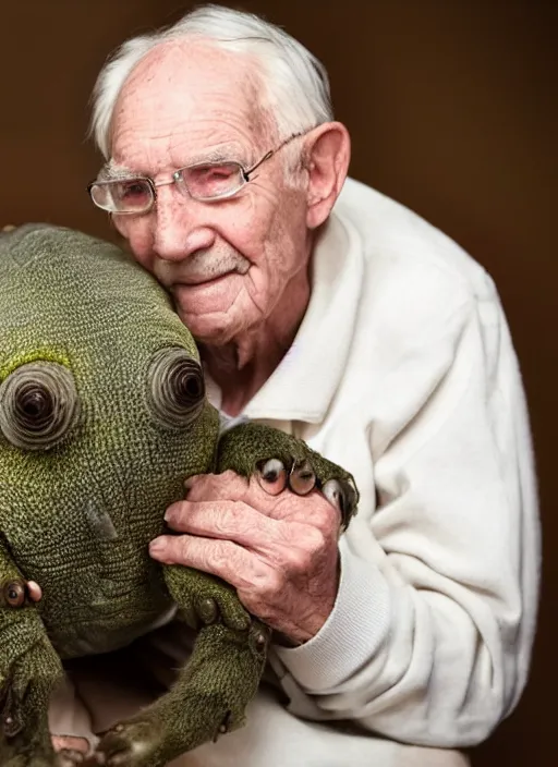 Image similar to an elderly man and his pet tardigrade, tardigrade on lap, cute pet photo