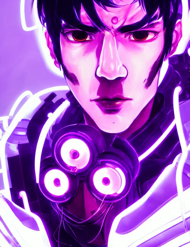 Image similar to a detailed manga portrait of a black haired cyborg man with glowing neon purple lights, trending on artstation, digital art, 4 k resolution, detailed, high quality, sharp focus, hq artwork, coherent, insane detail, character portrait