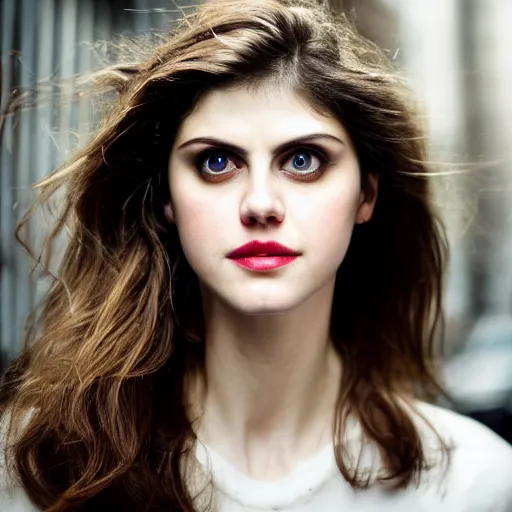 Image similar to closeup portrait of alexandra daddario in a smoky new york back street, photograph, natural light, detailed face, magazine, press, photo, Steve McCurry, David Lazar, CANON Eos C300, ƒ5.6, 50mm