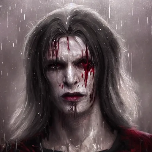Prompt: a male elder vampire, white long hair, jeweled necklace, blood next to lips, pale, cloaked, scarred, wet, raining, close up, rim lighting, portrait, sinister atmospheric lighting. highly detailed painting by greg rutkowski, anime style