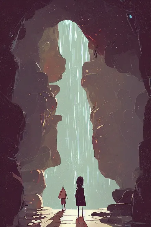 Prompt: a girl pushing a giant wooden door with archaic symbols embedded onto it, in a cave with the waterfall, digital art, illustrated by pascal campion and victo ngai