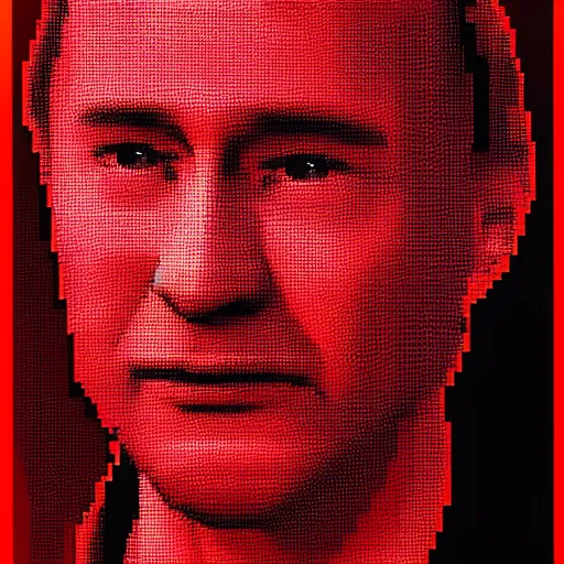 Prompt: Putin crying, pixel art, dramatic, cinematic, red background