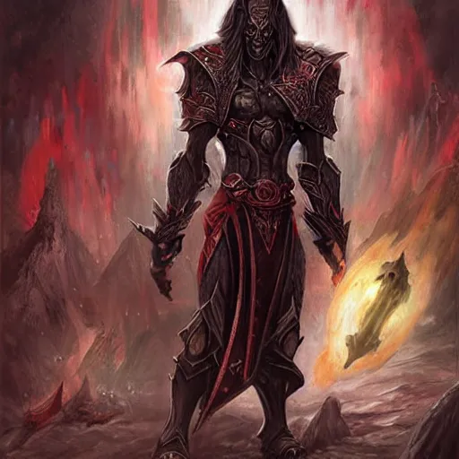 Image similar to “dnd dark elf, by paul bonner, red eyes, dark armor”