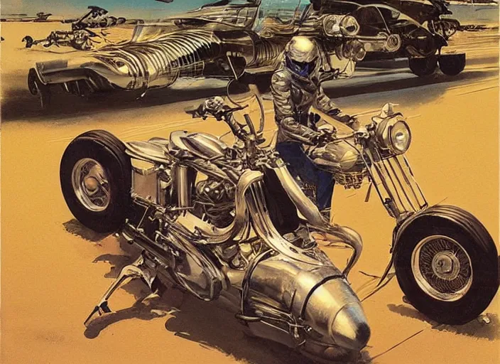 Prompt: ( ( ( ( ( classic vintage motorcycle, car concept art, sci - fi illustration, painting ) ) ) ) ) by vincent di fate and john berkey!!!!!!!