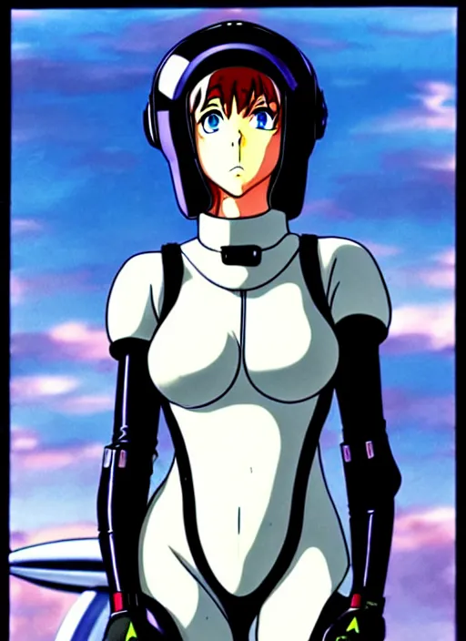 Prompt: Portrait of a female mech pilot in a latex bodysuit, 90s anime, cel-shaded, highly detailed, desaturated, gothic, oppressively atmosphere, poster