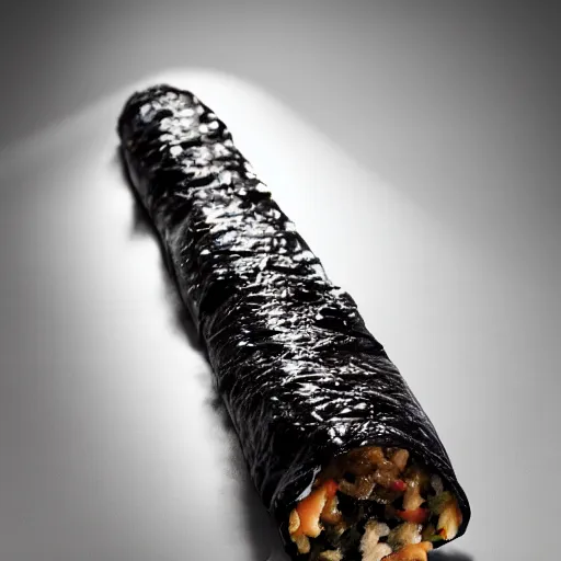 Prompt: Morcilla dressed as a shushi, studio photography, dramatic light