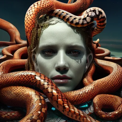 Image similar to creepy medusa gorgon gaze head, highly detailed snakes, beautiful flowers, beautiful dark creepy landscape, in the style of beeple and mike winkelmann, intricate, epic lighting, cinematic composition, hyper realistic, 8 k resolution, unreal engine 5, raytracing, ultraviolet colors,