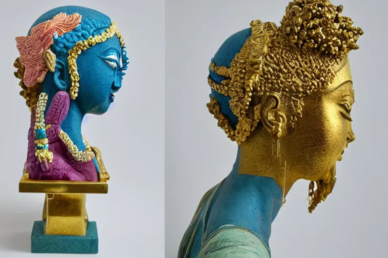 Image similar to full head and shoulders, beautiful female, colourful porcelain sculpture, hindu god, with lots of ornate gold leaf, attached to head by daniel arsham and james jean, on a white background, delicate facial features,