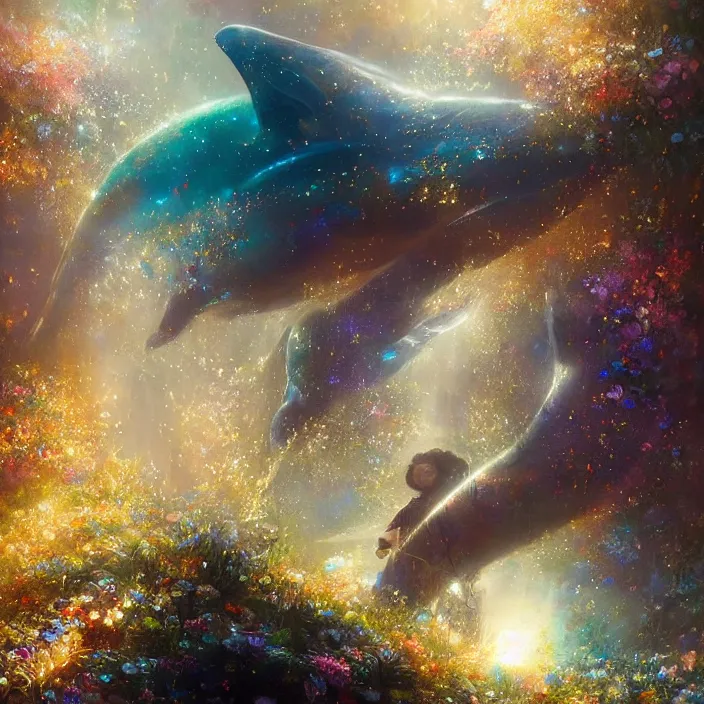 Image similar to enormous glimmering whale tale, flowing dress, flowers, cosmos, milky way galaxy, golden hour, god rays, coral reef, dreamscape by artgerm and ruan jia and ismail inceoglu and greg olsen, masterpiece, beautiful, intricate, elegant, highly detailed