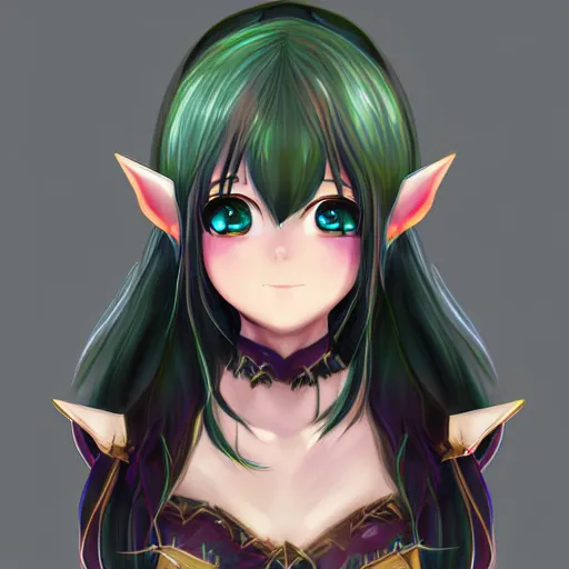 Image similar to adorable young cute anime elf girl, long black hair, detailed fantasy armor, smooth face. beautiful spark eyes. beautiful lineart. concept art adoptable, chromatic aberration, noise, soft lighting, srgb, 4 k, cinematic