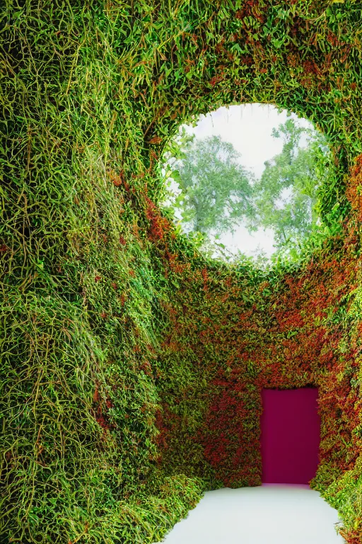 Image similar to colorful James Turrell interiors , overgrown by kudzu vines