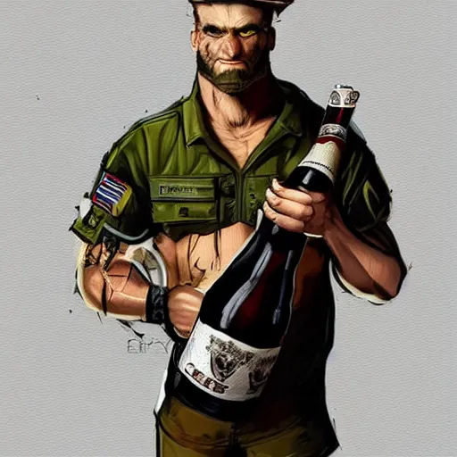 Image similar to a humanoid german shepherd beast - man in military style, holding a bottle of beer, artstation, concept art, smooth, sharp foccus ilustration, artstation