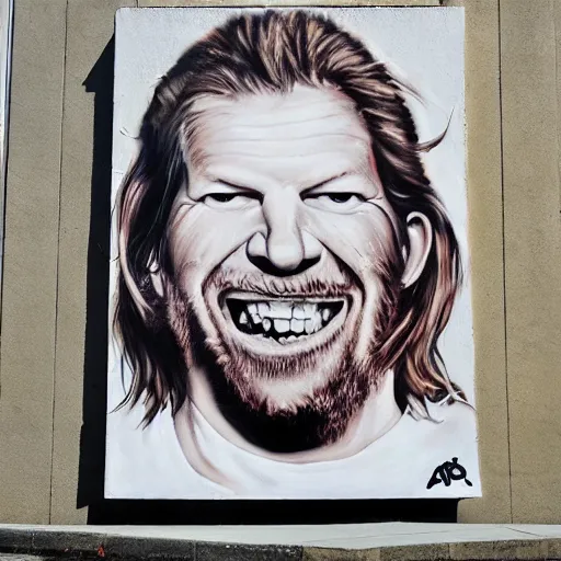 Image similar to Street-art painting of Aphex Twin in style of Banksy, photorealism