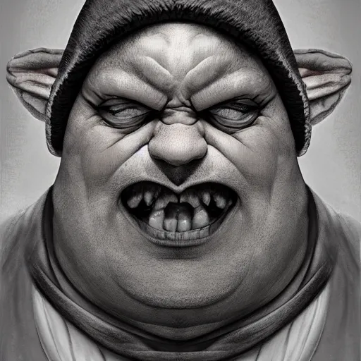 Image similar to realistic symmetrical photobash matte tarot portrait of a fat balding grey goblin with no teeth wearing a bavarian hat, background sacred geometry, Featured on Artstation, by Sheilah Beckett, wlop, Sharandula, Hiroshi Yoshida, Tom Bagshaw, Artgerm and Craig Mullins. Featured on Artstation, cgsociety, Behance, rainbow color scheme, narrative realism,f22,highly detailed,v-ray render,photorealistic,4k hd wallpaper